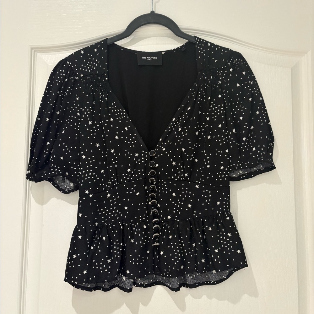 The Kooples Black Star-Print V-Neck Peplum Blouse